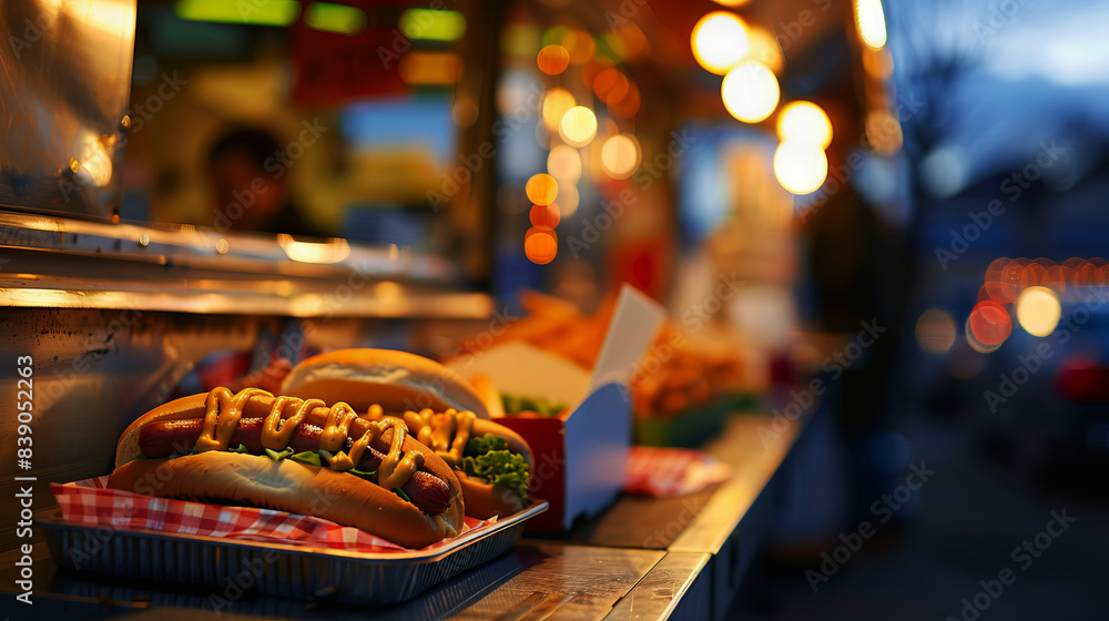 street food truck with blurred customer in background, fastfood on the street, street food truck with blurred customer in background, fastfood on the street,