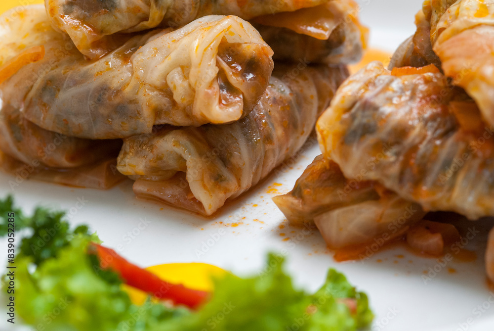 delicious dish of dolma with cabbage and vegetables on white plate delicious dish of dolma with cabbage and vegetables on white plate