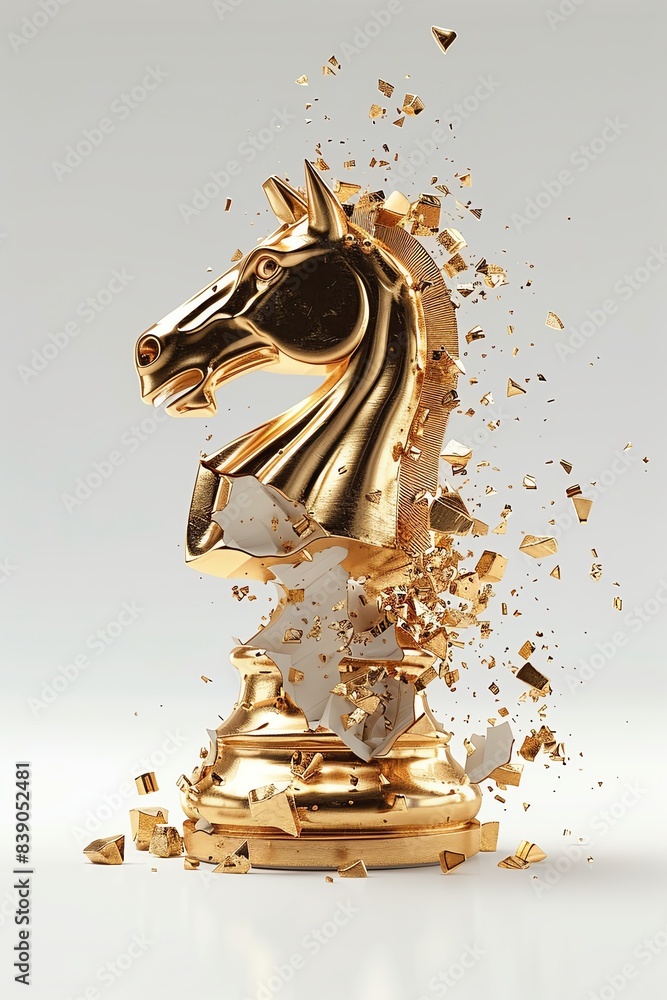 Fototapeta premium Gold chess knight breaking into pieces representing strategy, creativity, and power in a compelling visual concept.