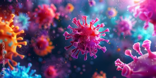 A 3D illustration of colorful coronavirus particles with a close-up view of a single particle in focus photo