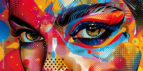 A colorful and abstract close-up of a womans eyes, featuring bold lines and a dotted pattern