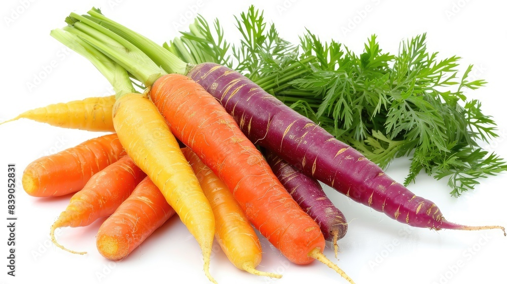 Several brightly colored carrots with green tops on a white background, emphasizing their natural beauty. Several brightly colored carrots with green tops on a white background, emphasizing their natural beauty.