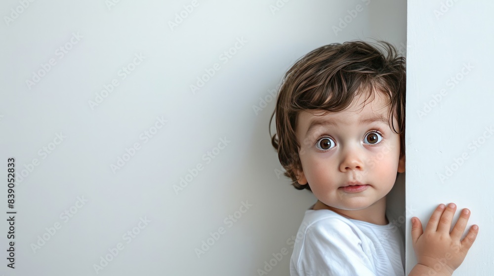 Innocent Curiosity: Little Boy Peeking Behind a White Wall on a White Background Innocent Curiosity: Little Boy Peeking Behind a White Wall on a White Background
