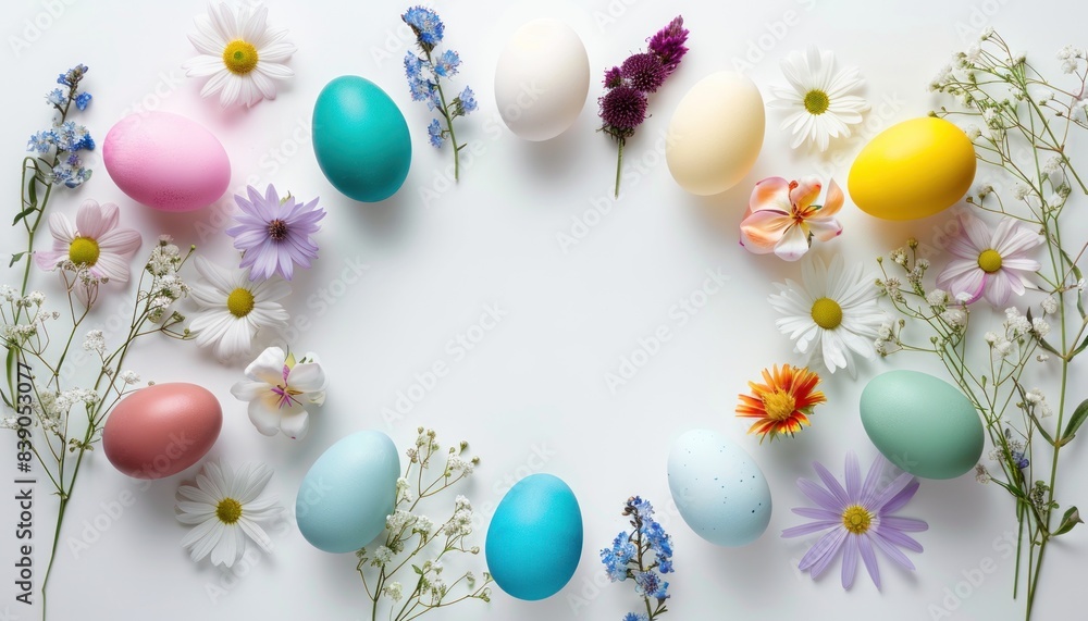 White Easter Background Template with easter eggs and wildflowers White Easter Background Template with easter eggs and wildflowers
