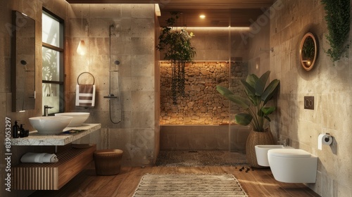 Bathroom with boho design  featuring wood elements  warm wall tiles  and modern lighting  small toilet room  natural light