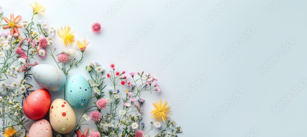 White Easter Background Template with easter eggs and wildflowers White Easter Background Template with easter eggs and wildflowers