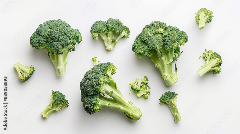 Whole broccoli crowns and individual florets on a white background, highlighting their crisp and fresh look. Whole broccoli crowns and individual florets on a white background, highlighting their crisp and fresh look.