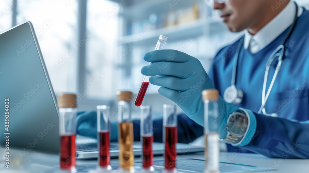 
A medical scientist carefully examines a blood test in a modern laboratory. Several test tubes with blood samples are on the table.