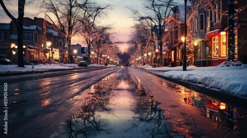Christmas lights reflecting on a snowy street
