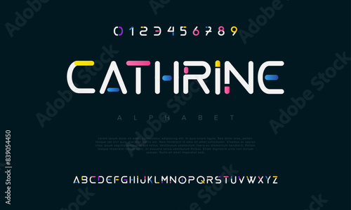 Cathrine creative geometric modern urban alphabet font. Digital abstract futuristic, fashion, sport, minimal technology typography. Simple numeric vector illustration photo