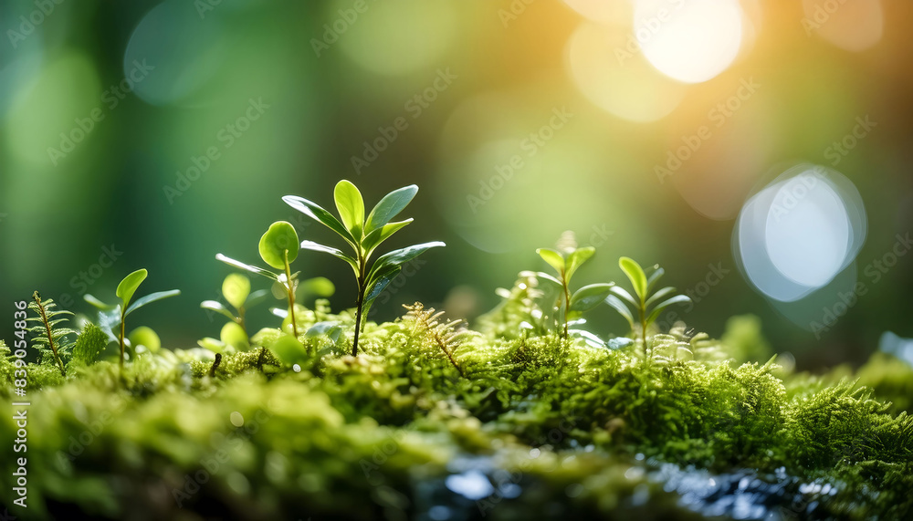Lush Green Moss And Young Saplings Growing In Sunlight In A Forest Ecosystem Lush Green Moss And Young Saplings Growing In Sunlight In A Forest Ecosystem