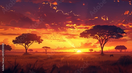 A dramatic sunset over a vast savanna with acacia trees silhouetted against the sky.