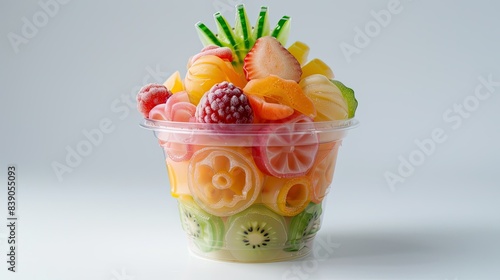 Clear plastic cup filled with colorful, lifelike Kanom Look Choup, Thai fruit-shaped desserts, isolated white background, studio shot