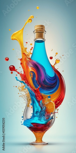 Create an artistic and vibrant digital illustration of a martini bottle filled with colorful liquid splashes. 
