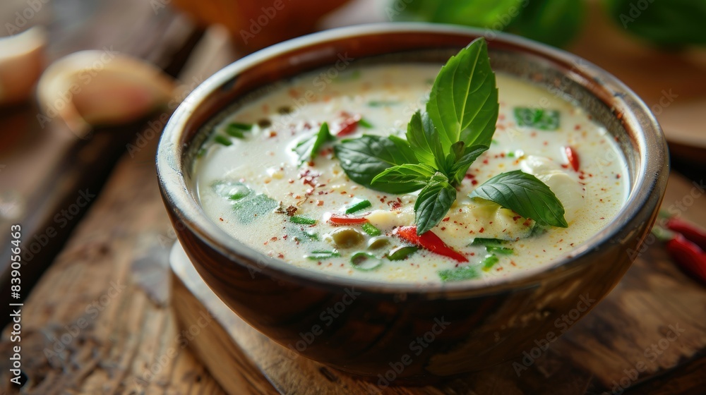 Close-up of Thai ant egg soup in creamy coconut milk, with fresh herbs and spices, served in a traditional bowl, on a wooden background Close-up of Thai ant egg soup in creamy coconut milk, with fresh herbs and spices, served in a traditional bowl, on a wooden background