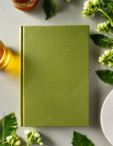 an empty green book cover lies on a white table between plants