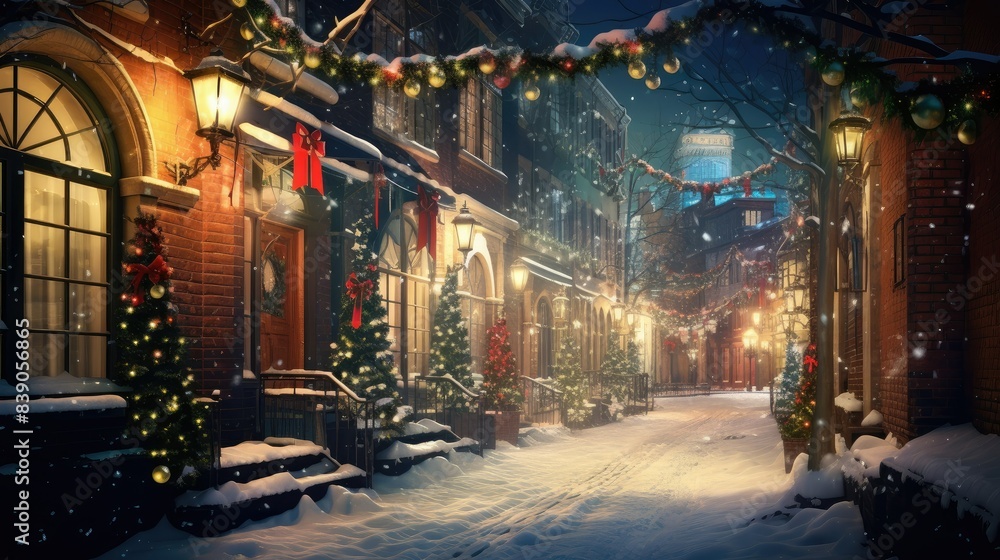 Christmas lights reflecting on a snowy street Christmas lights reflecting on a snowy street