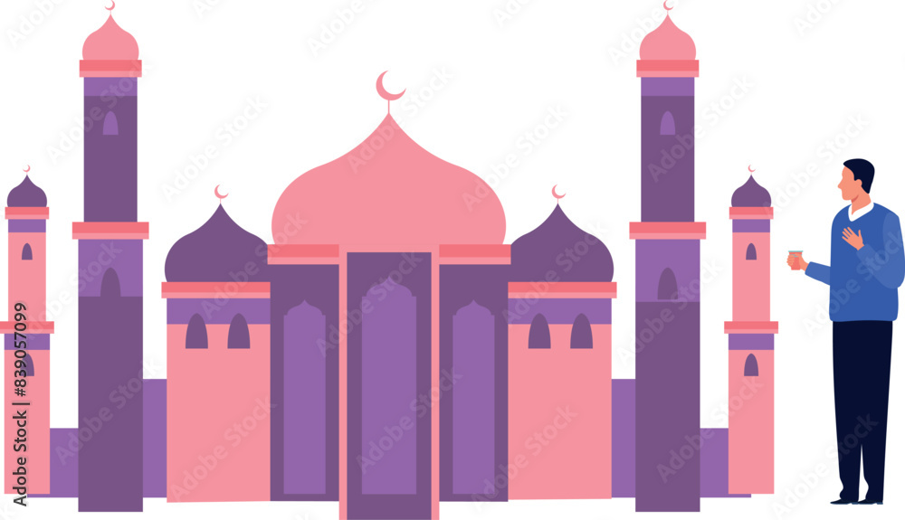 The boy is looking at the minarets of the mosque.