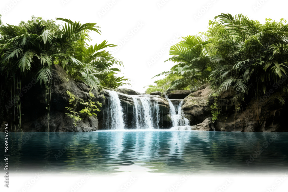 Enchanted Cascade in the Heart of Emerald Haven on a White or Clear Surface PNG Transparent Background.. Enchanted Cascade in the Heart of Emerald Haven on a White or Clear Surface PNG Transparent Background..