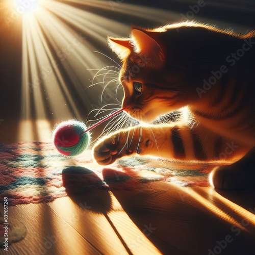 A cat playing with a toy in a beam of sunlight, chasing the shad photo