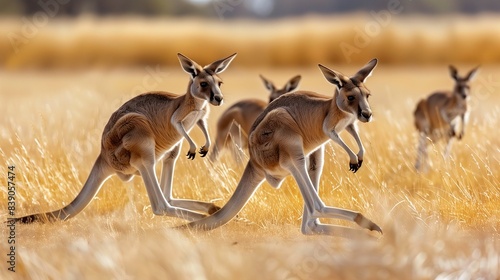 A family of kangaroos bounding across the Australian outback, their powerful legs propelling them effortlessly forward. photo