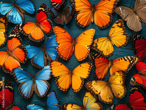 Colors of the rainbow. Pattern of multicolored Morpho butterflies creating a vibrant texture background