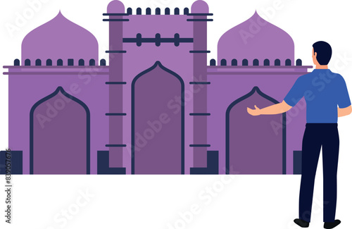 The boy is telling that muslims pray in the mosque.