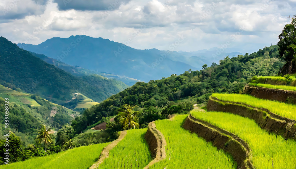 Rice fields on the hillside and mountain and forest scenery in the background Rice fields on the hillside and mountain and forest scenery in the background