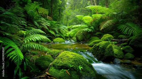 an ancient rainforest with moss covered rocks and ferns as the stream flows through it