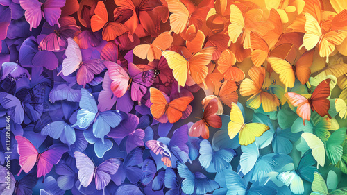 Colors of the rainbow. Pattern of multicolored Morpho butterflies creating a vibrant texture background