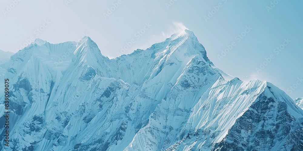 Obraz premium Alpine mountain peak, close view of icy details, cold blue tones, crisp clear morning light, high angle. 