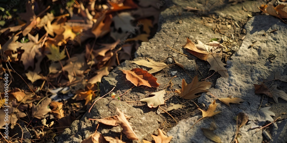 Close view of a trail's edge, detailed fallen leaves and stones, subtle shadow play, late afternoon light. Close view of a trail's edge, detailed fallen leaves and stones, subtle shadow play, late afternoon light.