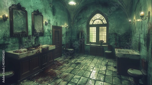 A dilapidated bathroom with blood stains and an eerie atmosphere.