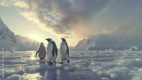 A family of penguins waddling clumsily across the icy landscape of Antarctica. photo
