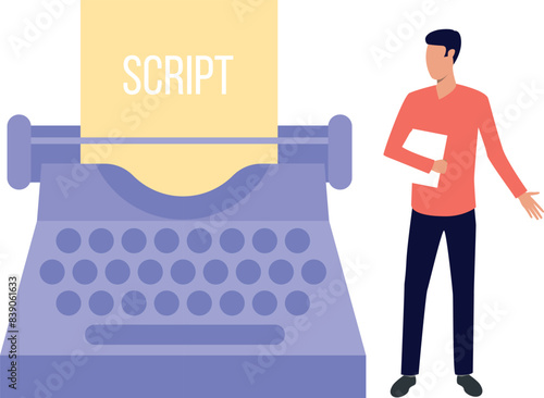 A boy is typing a script on a typewriter.