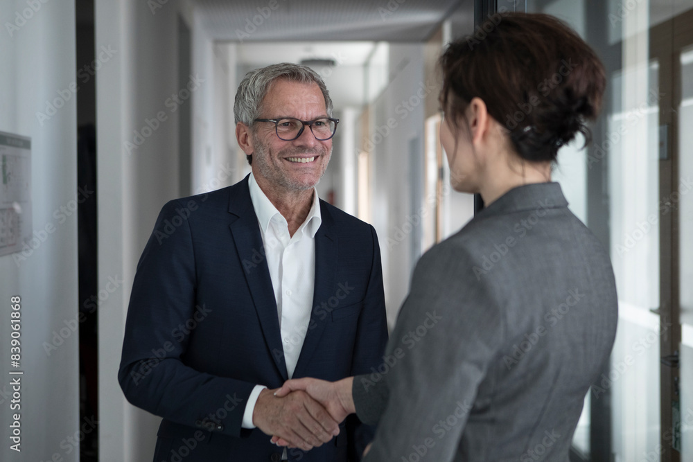 Businessman and businesswoman shaking hands in office Businessman and businesswoman shaking hands in office