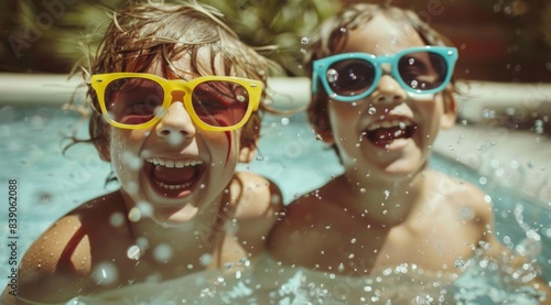 Children in colorful sunglasses laughing as they play in a pool on a hot summer day.