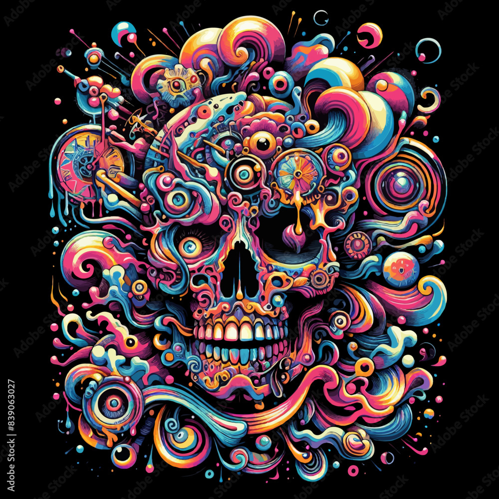 Obraz premium Vector psychedelic vibrant skull t shirt design