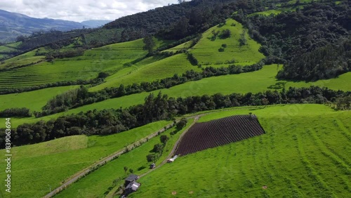 Aerial Drone Flyover Of Green Garden Terraced Mountain Slopes And Foothills At Pasochoa volcano, Puichig , Machachi valley, Canton Mejia, Pichincha Province, Ecuador