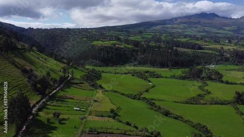 Aerial Drone Flyover Of Green Patchwork Garden Fields On Mountain Slopes And Foothills At Pasochoa volcano, Puichig , Machachi valley, Canton Mejia, Pichincha Province, Ecuador photo