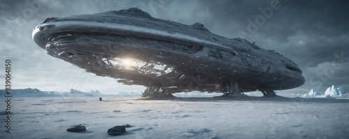 Ufo Spaceship landed on snowy landscape. Highly detailed and realistic illustration photo