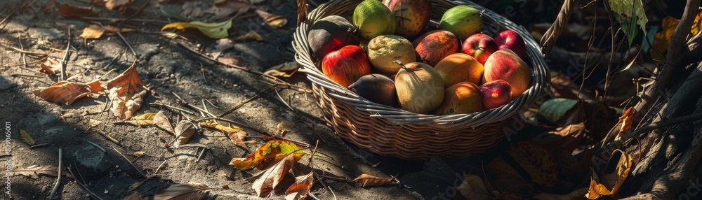A basket brimming with an assortment of broken fruits with fruit debris scattered around A basket brimming with an assortment of broken fruits with fruit debris scattered around