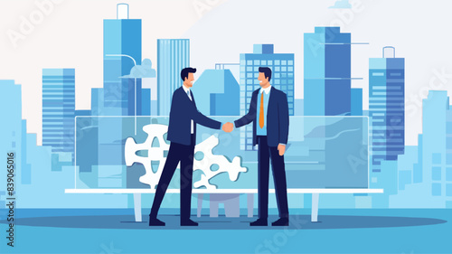 Partnership, teamwork or collaboration to success, solve jigsaw puzzle together, agreement or solution to win corporate trust, cooperation concept, vector