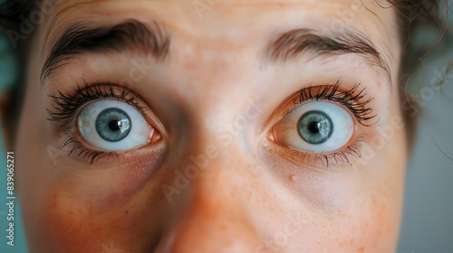 A close-up of a person's wide-open blue eyes, capturing an intense expression of surprise or shock. The image focuses on the eyes, eyebrows, and surrounding skin, highlighting the vivid eye color