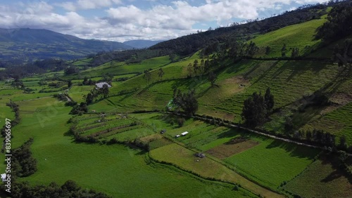 Beautiful Foothill Farms of the Pasochoa volcano, Puichig neighborhood, showing the Machachi valley, Cantón Mejía, Pichincha Province, Ecuador photo