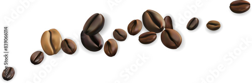 Coffee beans decoration element. Divider from flying realistic coffee beans.