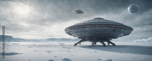 Ufo Spaceship landed on snowy landscape. Highly detailed and realistic illustration
