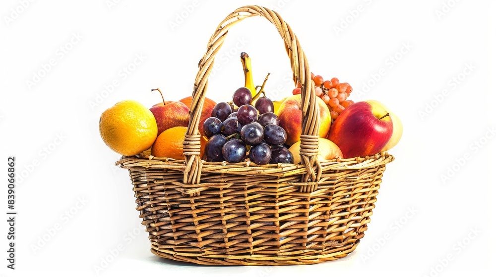A wicker basket filled with fresh fruits and banknotes scattered around it, isolated on a white background, vibrant and luxurious, perfect for themes of wealth and abundance A wicker basket filled with fresh fruits and banknotes scattered around it, isolated on a white background, vibrant and luxurious, perfect for themes of wealth and abundance