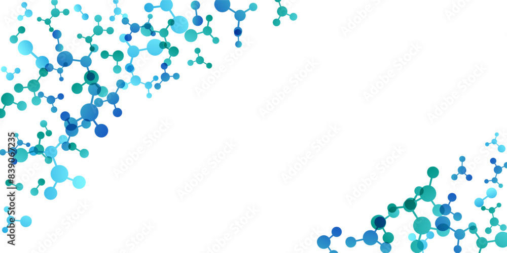 Corners with molecules, data or other tech structure elements. Pharmacy, biotechnology or chemistry design concept. Vector decoration element in green and blue colors Corners with molecules, data or other tech structure elements. Pharmacy, biotechnology or chemistry design concept. Vector decoration element in green and blue colors