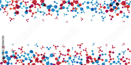 Top and down borders with molecules, data or other tech structure elements. Pharmacy, biotechnology or chemistry design concept. Vector decoration element in red and blue colors